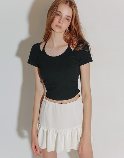 Faux 2 Piece Layered Halter Tie Crop Top with Ruched Sides