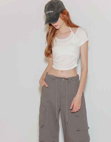 Faux 2 Piece Layered Halter Tie Crop Top with Ruched Sides