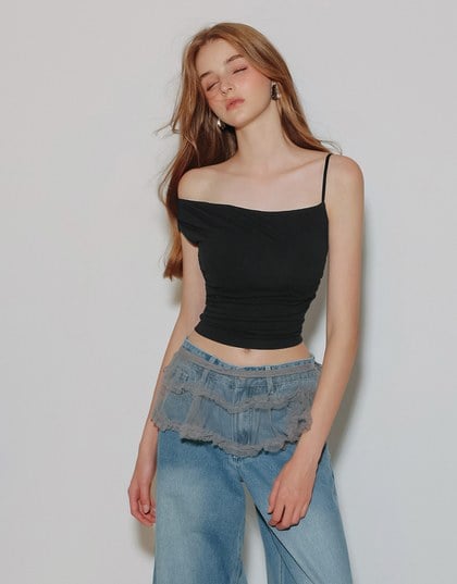 Asymmetrical One Shoulder Ruched Crop Bra Top with Spaghetti Strap