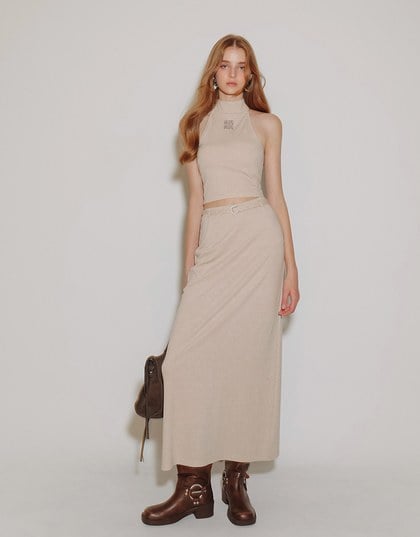AIR SPACE Logo Embroidered Belted Straight Maxi Skirt