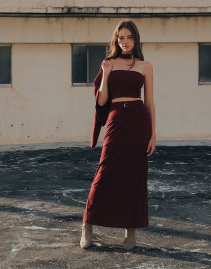 AIR SPACE Logo Embroidered Belted Straight Maxi Skirt