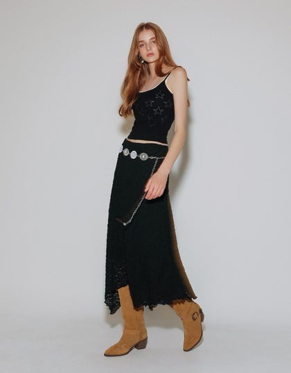 Lace Asymmetrical Hem High Waist Maxi Skirt