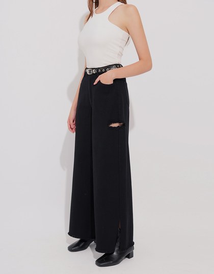 Frayed Hem Wide Leg Jeans Denim Pants with Distressed Detail