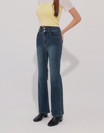 High Waist Double Button Flared Jeans Denim Pants