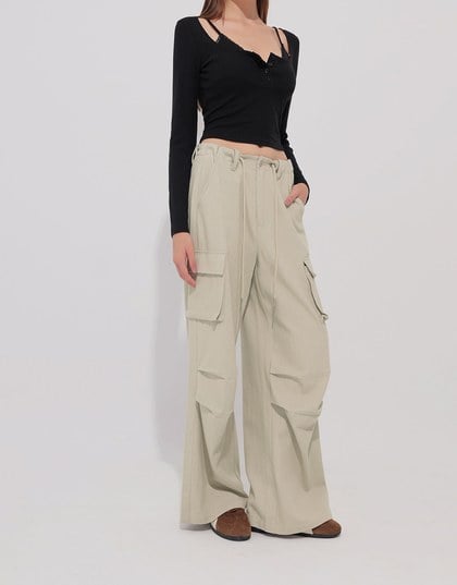 Drawstring Waist Wide Leg Cargo Pants with Pockets