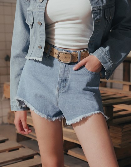 Raw Hem Jeans Denim Shorts with Back Logo Stitch Detail