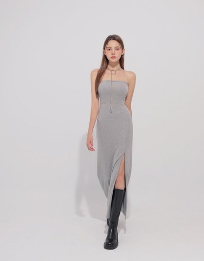2 Way Strapless Padded Tube Maxi Dress with Zipper Cut Out Waist
