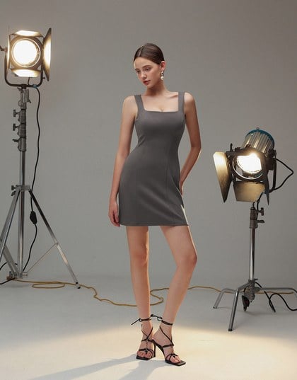 Classic Square Neck Wide Strap Fitted Padded Mini Dress