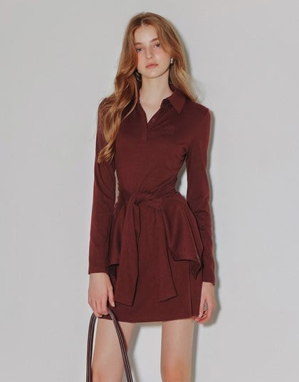 Fitted Ribbed Polo Neck Knit Mini Dress with AIR SPACE Logo Embroidery