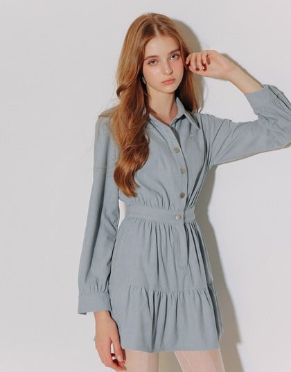 Collared Waist Cinched Button Front Shirt Mini Dress with AIR SPACE Logo Embroidered