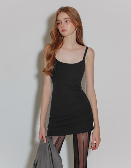 Spaghetti Strap Plain Bodycon Mini Dress with Ruched Hemline