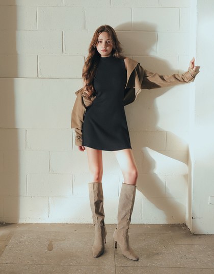 Mock Neck Sleeveless Ribbed Knit Mini Dress