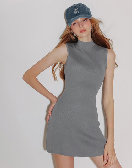 Mock Neck Sleeveless Ribbed Knit Mini Dress
