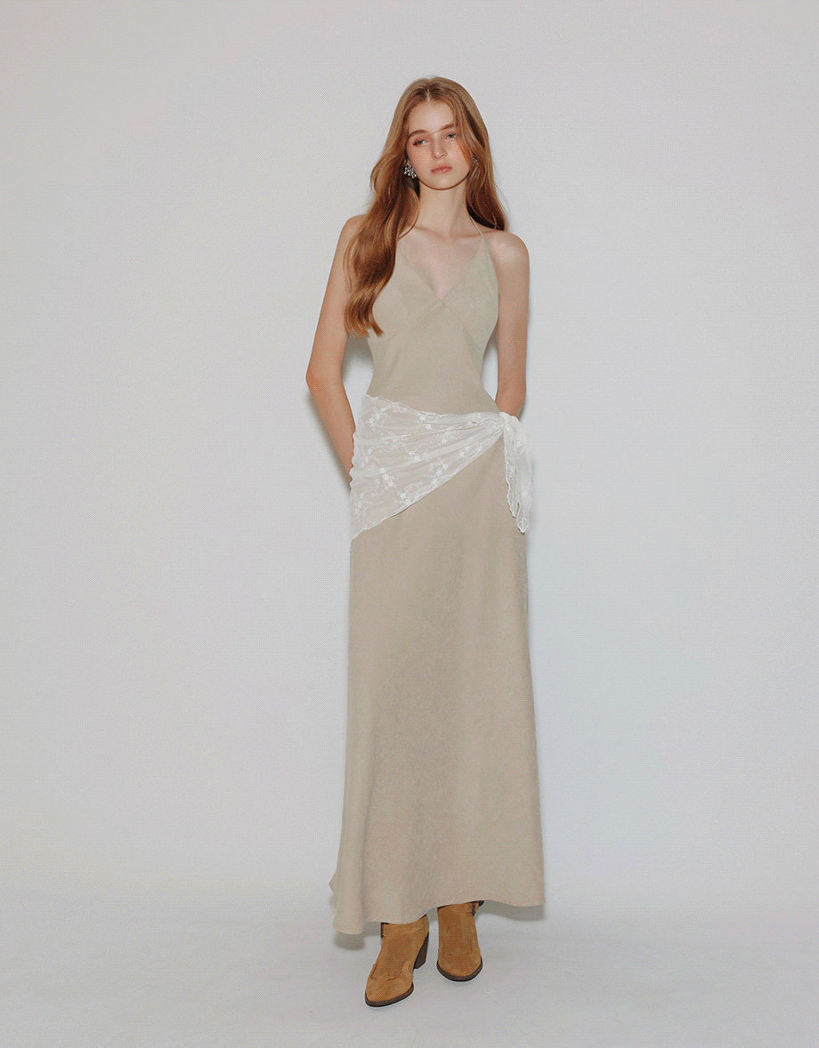 V Neck Halter Faux Suede Spaghetti Strap Cami Padded Maxi Dress