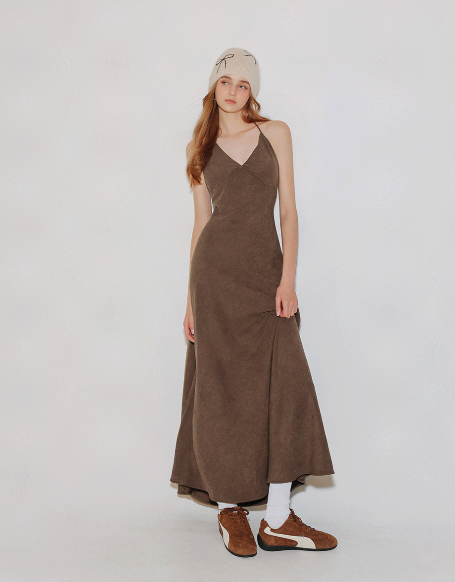 V Neck Halter Faux Suede Spaghetti Strap Cami Padded Maxi Dress