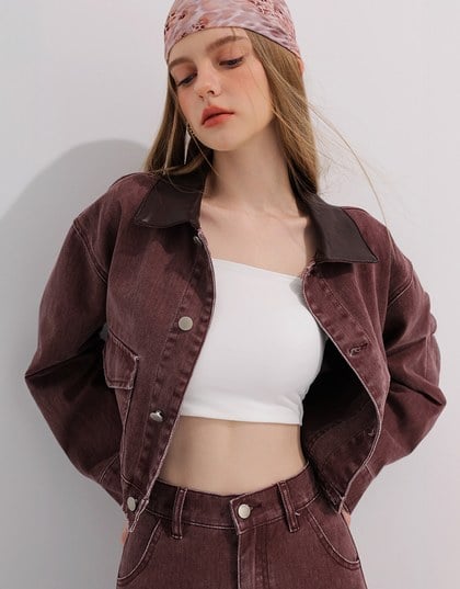 Raw Hem Crop Jeans Denim Jacket with Contrast Collar