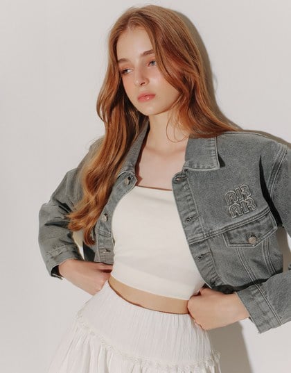 Raw Hem Crop Jeans Denim Jacket with Logo Stitch Detail