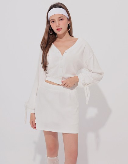 Lace Trim Drawstring Sleeve Cropped Cardigan and Elastic Waist A Line Mini Skirt Set Wear