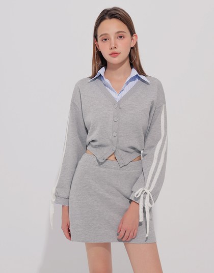 Lace Trim Drawstring Sleeve Cropped Cardigan and Elastic Waist A Line Mini Skirt Set Wear