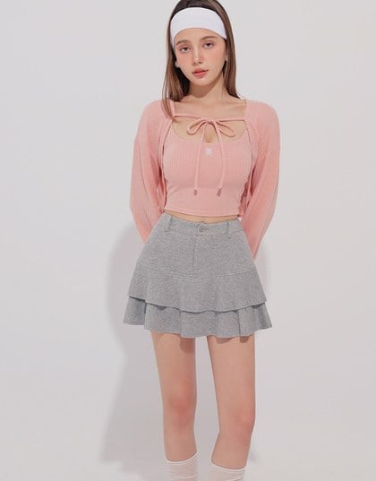 Cropped Knit Tie Front Cardigan with AIR SPACE Logo Embroidered Cami Padded Top Set Wear