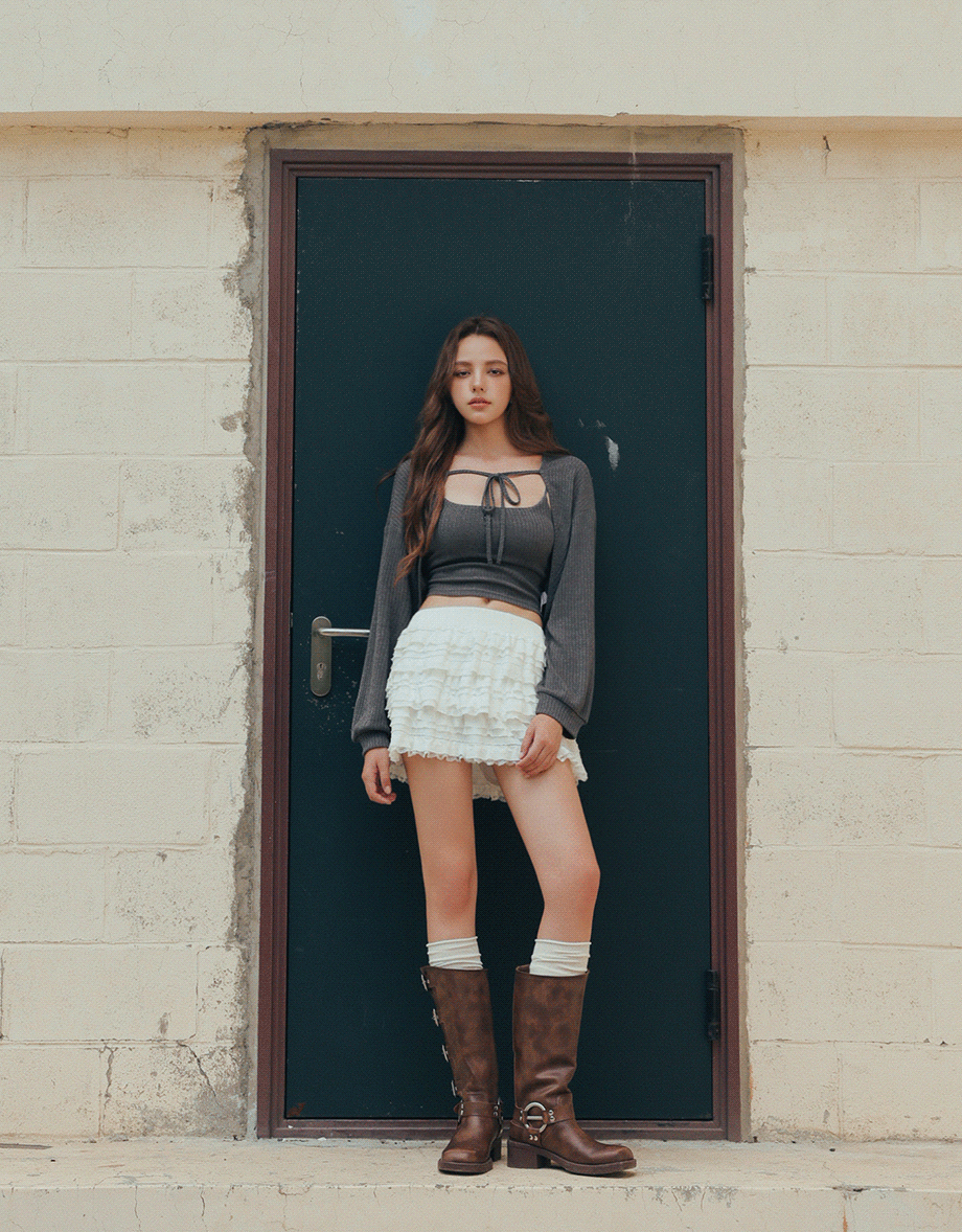 Cropped Knit Tie Front Cardigan with AIR SPACE Logo Embroidered Cami Padded Top Set Wear