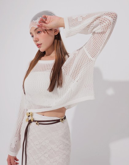 Open Knit Crochet Style Floral Crop Sweater