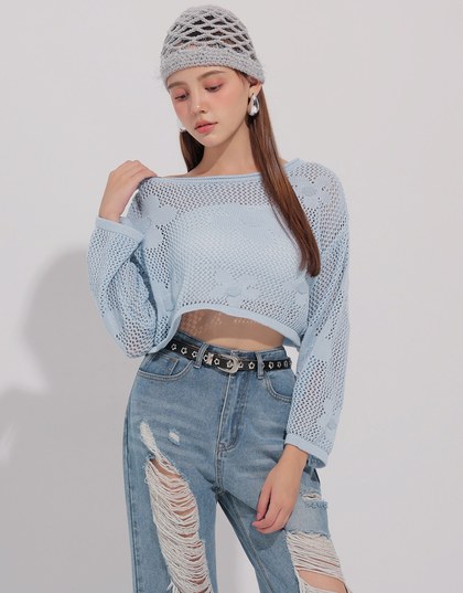 Open Knit Crochet Style Floral Crop Sweater