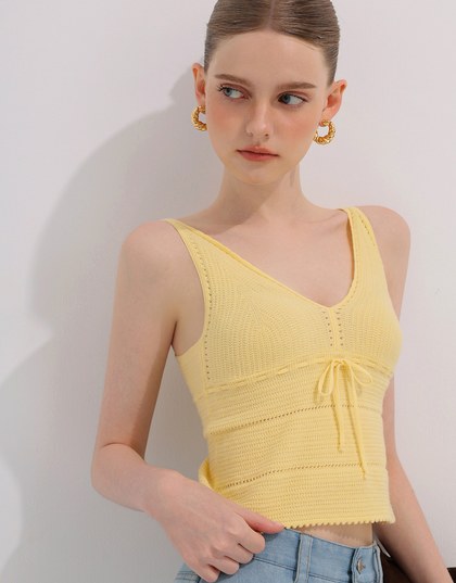 Ribbed Knit Sleeveless Crop Crochet Top with Bow