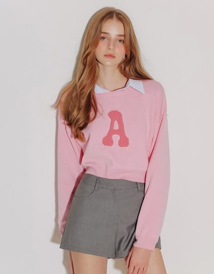Fuzzy Letter Embroidered Cropped Knit Sweater
