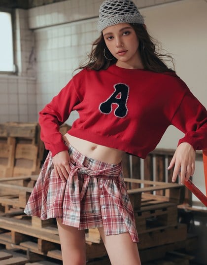 Fuzzy Letter Embroidered Cropped Knit Sweater