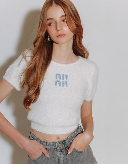 Fluffy Knit Short Sleeve Crop Top with AIR SPACE Logo Embroidered