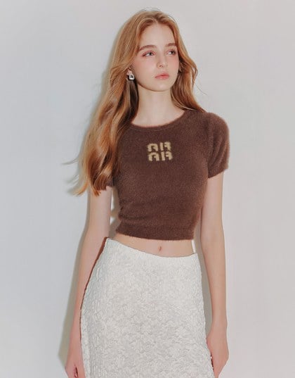 Fluffy Knit Short Sleeve Crop Top with AIR SPACE Logo Embroidered
