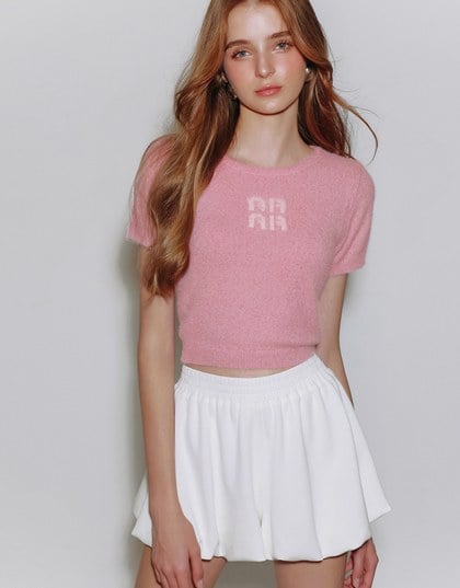 Fluffy Knit Short Sleeve Crop Top with AIR SPACE Logo Embroidered
