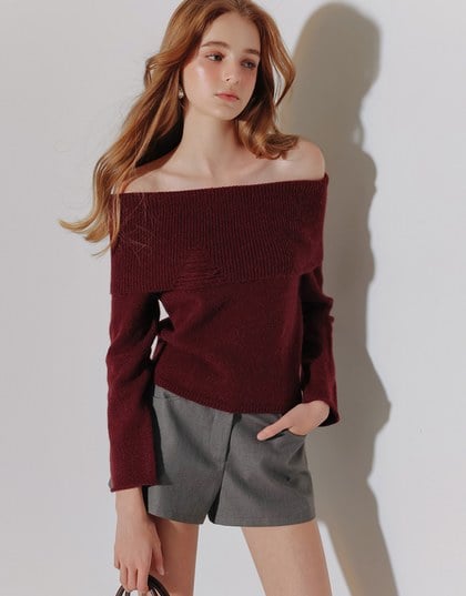 Off Shoulder Folded Collar Long Sleeve Knit Top