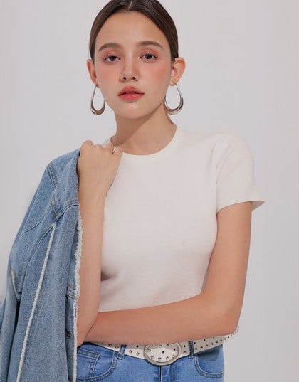 Basic Crew Neck Knit Fitted Crop Top