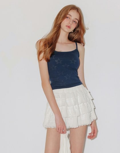 Star Eyelet Details Ribbed Knit Camisole Top