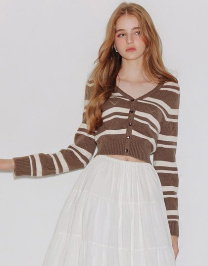V Neck Striped Knit Cardigan with Heart Cutout Detail