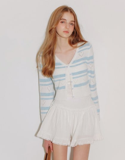 V Neck Striped Knit Cardigan with Heart Cutout Detail