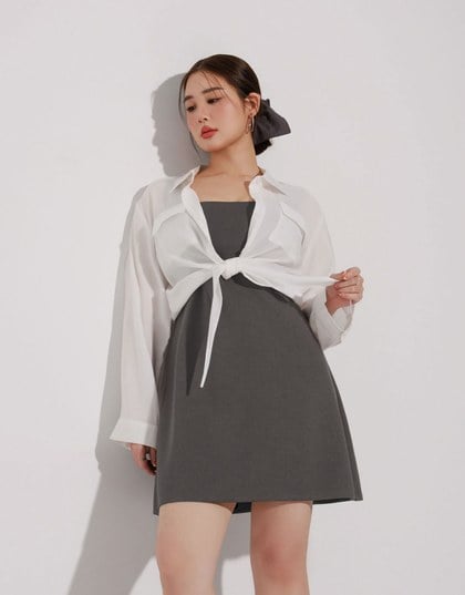 Tie Front Collared Shirt Blouse with Pockets