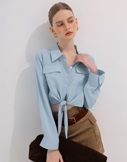 Tie Front Collared Shirt Blouse with Pockets