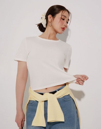 【Stain Resistant】Simple Basic Crew Neck Fitted Crop Tee