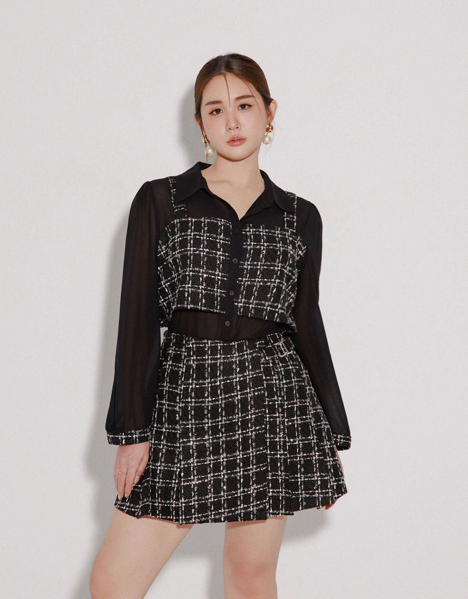 Tweed Style Checkered Panel Layered Button Front Shirt Blouse