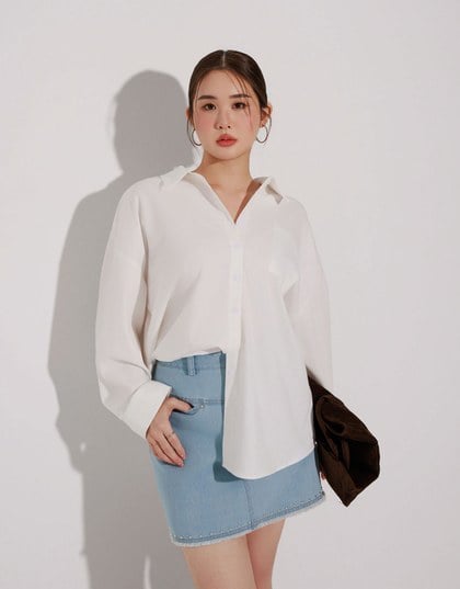 【Stain Resistant】Oversized Pocket Detail Button Down Shirt Blouse