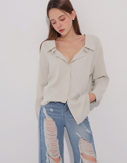 Lace Up Back Collar Long Sleeve Shirt Blouse