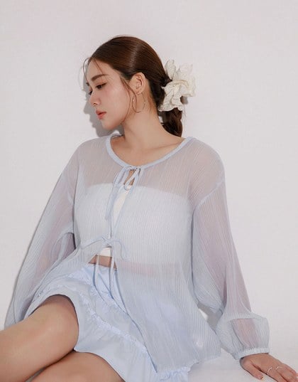 Sheer Lightweight 2 Way Blouse Top with Bow Tie Closure