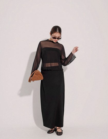 Turtleneck Sheer Ruffle Trim Top - Plain / Polka Dot Design