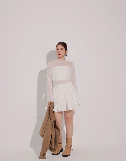 Turtleneck Sheer Ruffle Trim Top - Plain / Polka Dot Design