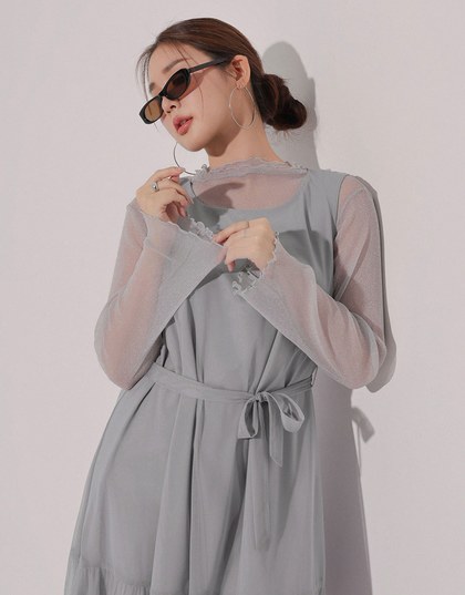Glitter Sheer Mesh Long Sleeve Top with Lettuce Hem Details