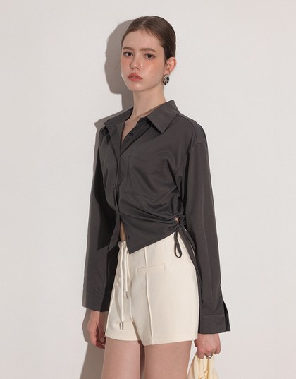 Side Drawstring Detail Collared Button Down Shirt Blouse