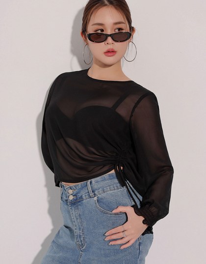 Sheer Knit Round Neck Long Sleeve Top with Adjustable Ruched Hem